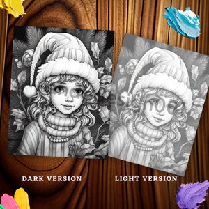 May include: A black and white illustration of a girl wearing a winter hat and scarf. She has curly hair and is surrounded by holly leaves. The image is in a dark style.