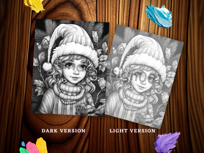 May include: A black and white illustration of a girl wearing a winter hat and scarf. She has curly hair and is surrounded by holly leaves. The image is in a dark style.