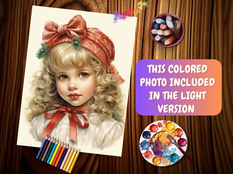 Vintage Christmas little girl coloring pages Holiday-themed coloring pages featuring little girls Winter Girls coloring book Grayscale color image 3
