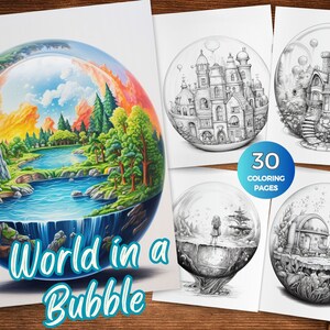 World in a bubble coloring pages for Adults World in a Crystal ball coloring book World in a globe coloring sheets Grayscale coloring pages