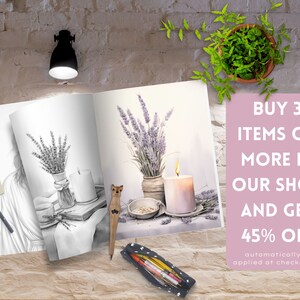 May include: A black and white drawing of lavender flowers in a vase, a candle, and a wooden rabbit figurine. The drawing is on a white page with a pink border. The text "BUY 3 ITEMS OR MORE IN OUR SHOP AND GET 45% OFF automatically applied at checkout" is on a pink background.