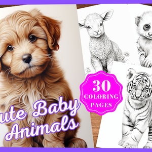 May include: A set of 30 colouring pages featuring cute baby animals. The pages include a puppy, a lamb, a lemur, and a tiger cub. The pages are black and white and ready to be coloured.