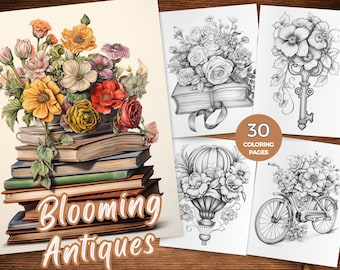 Páginas para colorir de antiguidades florescendo para adultos download instantâneo Objetos florais vintage em tons de cinza livro para colorir Folhas de colorir florais antigas