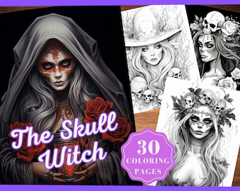 May include: A coloring book cover featuring three illustrations of women with skull makeup and floral accents. The title of the book is "The Skull Witch" and the cover states that it contains 30 coloring pages.