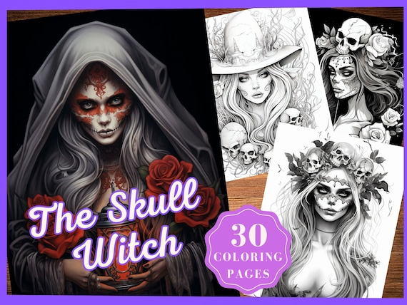 Skull Witch Coloring Pages, Fantasy Witch Grayscale Coloring Pages for Adults Instant Download Printable Anime Witch Coloring Book Skull