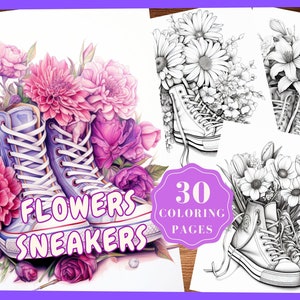 Zapatillas de deporte de flores para colorear Páginas de zapatillas de deporte Zapatos florecientes Libro para colorear para adultos Descarga instantánea de zapatillas de deporte Hojas para colorear en escala de grises Zapatos