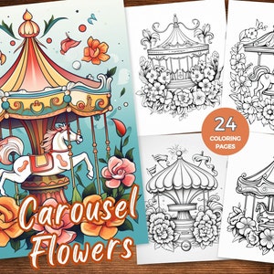 Może przedstawiać: Zestaw 24 stron do kolorowania przedstawiający karuzelę z koniem i wzorami kwiatowymi. Karuzela jest kolorowa i szczegółowa, w fantazyjnym i uroczym stylu. Wzory kwiatowe są misterne i delikatne, dodając stronom odrobinę piękna.