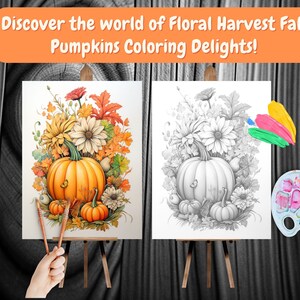 May include: A paint-by-numbers canvas featuring a fall harvest scene with pumpkins, flowers, and leaves. The canvas is on an easel and a paint palette with brushes is nearby.