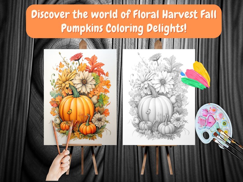 May include: A paint-by-numbers canvas featuring a fall harvest scene with pumpkins, flowers, and leaves. The canvas is on an easel and a paint palette with brushes is nearby.