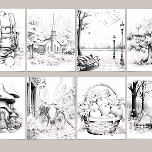 May include: A set of six black and white illustrations featuring a backpack with books, a church, a park bench, a tree, a mushroom house, and a bicycle.