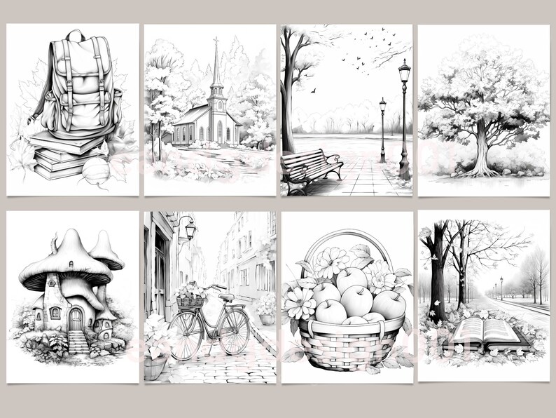 May include: A set of six black and white illustrations featuring a backpack with books, a church, a park bench, a tree, a mushroom house, and a bicycle.