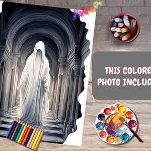 May include: A white ghost figure stands in a dark, arched hallway with stone walls and a set of stairs. The ghost is wearing a white robe and has a faint glow around it. The image is a digital illustration.