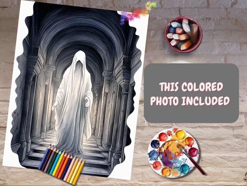 May include: A white ghost figure stands in a dark, arched hallway with stone walls and a set of stairs. The ghost is wearing a white robe and has a faint glow around it. The image is a digital illustration.