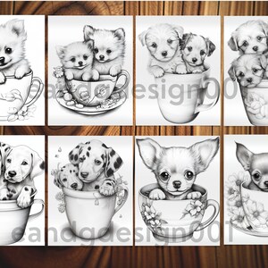 May include: Eight black and white illustrations of dogs in teacups. The dogs are various breeds, including a chihuahua, a dalmatian, and a terrier. The teacups are decorated with flowers.