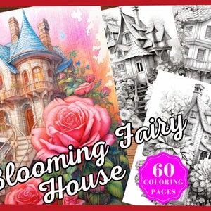 60 Blooming Fairy Homes Coloring Page Book,Instant Download,Printable PDF, Flower House, Fairy House,Adults, Kids, Stress Relief,BUNDLE