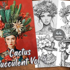 Cactus Succulent Floral Coloring Book for Adults Printable PDF Botanical Coloring Pages Fantasy Grayscale Coloring  Sheet Flower Coloring