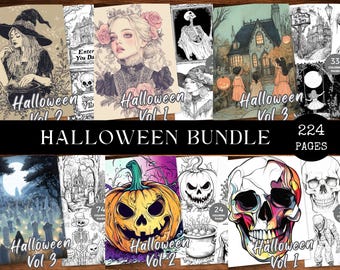 Halloween Coloring Pages BUNDLE for Adults Gothic Fantasy Coloring Pages Printable PDF Instant Download Grayscale Coloring Happy Halloween