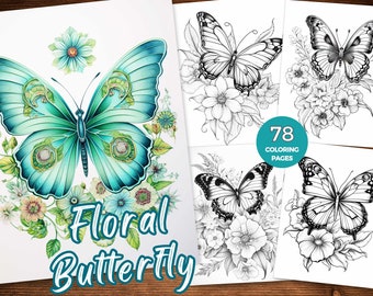 Pagina da colorare con farfalle floreali. Libro da colorare con farfalle e fiori. Foglio da colorare con farfalle. Libro da colorare con farfalle per adulti stampabile