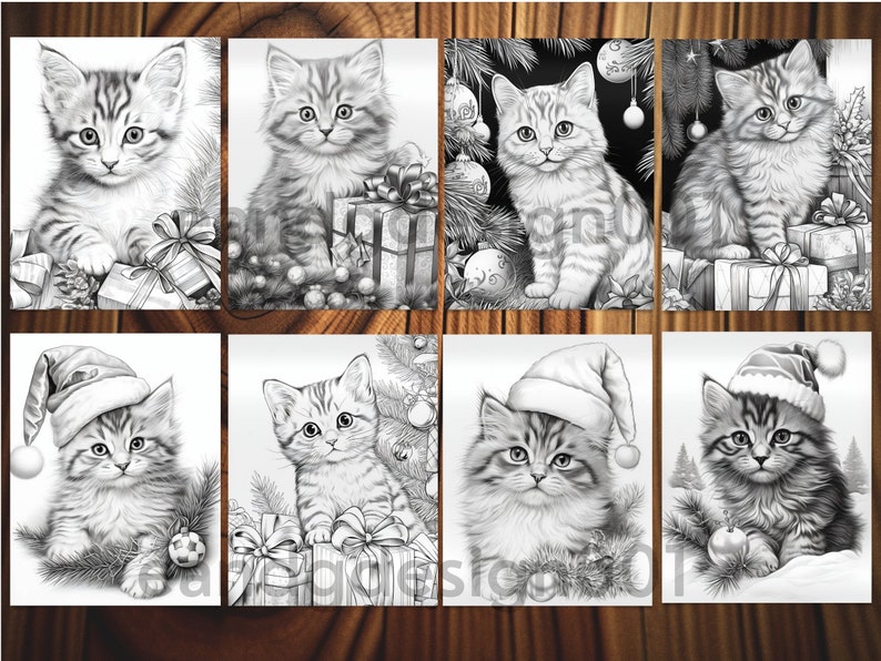 Puede incluir: Ocho ilustraciones en blanco y negro de gatitos con gorros de Pap&aacute; Noel y sosteniendo regalos de Navidad. Los gatitos est&aacute;n rodeados de adornos navide&ntilde;os y ramas de pino.