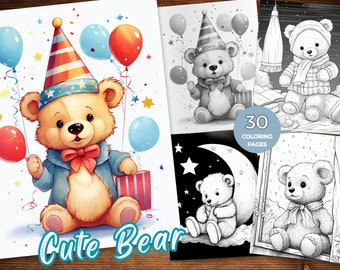 Lindo oso para colorear libro oso para colorear páginas para adultos Descarga instantánea PDF imprimible Bebé oso feliz oso verano oso escala de grises para colorear