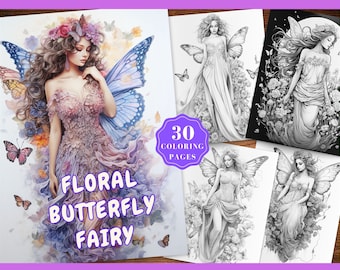 Butterfly Fairy Coloring Pages for Adults Instant Download Floral Butterfly Fairy Coloring Book Flower Fairy Grayscale Coloring Sheets