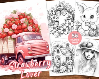 Strawberry Coloring Pages Strawberry Garden coloring book Instant Download Strawberry Grayscale coloring sheet Strawberry Lover mindfulness