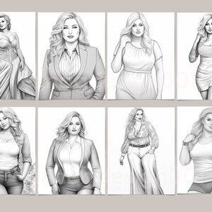 May include: A collection of eight pencil drawings of women wearing different outfits. The drawings are in black and white and feature a variety of styles, including a dress, a suit, a blouse and jeans, a tank top and shorts, and a dress with a floral pattern.