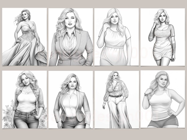 May include: A collection of eight pencil drawings of women wearing different outfits. The drawings are in black and white and feature a variety of styles, including a dress, a suit, a blouse and jeans, a tank top and shorts, and a dress with a floral pattern.