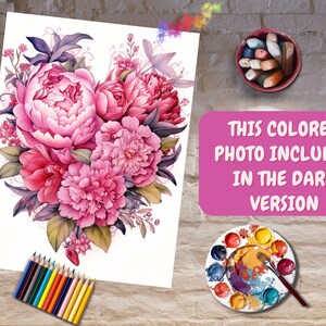 K&ouml;nnte beinhalten: Eine herzf&ouml;rmige Anordnung von rosa und roten Pfingstrosen mit gr&uuml;nen Bl&auml;ttern und Stielen. Die Blumen sind in einem realistischen Stil gemalt. Das Bild ist auf wei&szlig;em Hintergrund. Dieses farbige Foto ist in der dunklen Version enthalten.