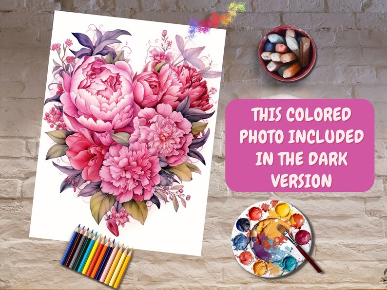 K&ouml;nnte beinhalten: Eine herzf&ouml;rmige Anordnung von rosa und roten Pfingstrosen mit gr&uuml;nen Bl&auml;ttern und Stielen. Die Blumen sind in einem realistischen Stil gemalt. Das Bild ist auf wei&szlig;em Hintergrund. Dieses farbige Foto ist in der dunklen Version enthalten.