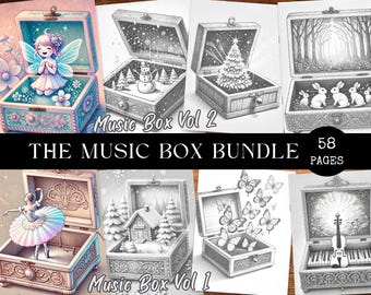 Music Box Coloring Book BUNDLE Fantasy World in a Music Box Greyscale Coloring Stress Relief Coloring Book Fantasy music box illustrations