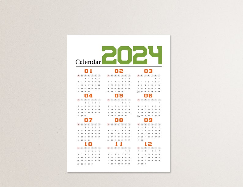 Yearly Calendar, 2024 Year at a Glance Calendar, Onepage Calendar