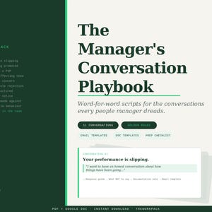 Puede incluir: Un manual digital titulado "The Manager's Conversation Playbook" con texto y gráficos. La portada presenta un diseño verde oscuro y blanco con el texto "The Manager's Conversation Playbook". El manual incluye guiones para conversaciones difíciles.