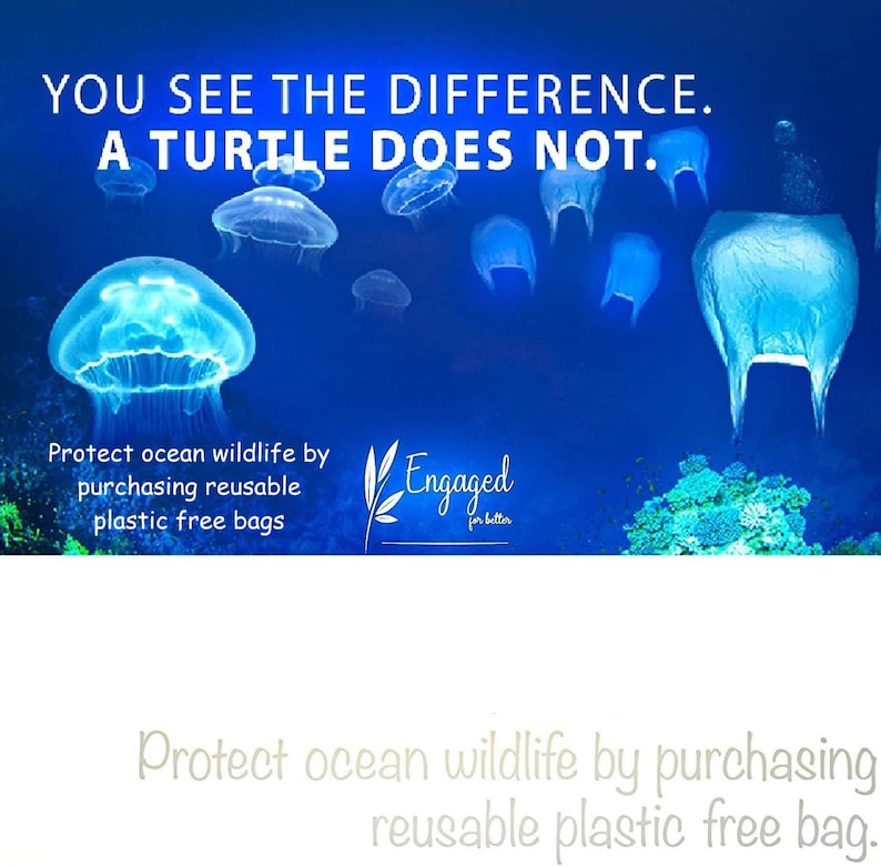 K&ouml;nnte beinhalten: Eine blaue und wei&szlig;e Grafik mit dem Text "Sie sehen den Unterschied. Eine Schildkr&ouml;te nicht." Die Grafik zeigt eine Schildkr&ouml;te, die im Meer schwimmt, mit Plastikbeuteln, die um sie herum treiben. Der Text "Sch&uuml;tzen Sie die Meeresfauna, indem Sie wiederverwendbare plastikfreie Taschen kaufen" ist ebenfalls enthalten. Die Grafik stammt von der Firma "Engaged for better."