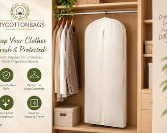 May include: A beige garment bag with a central vertical zipper hangs in a wooden closet next to several shirts and jackets on hangers. The text MYCOTTONBAGS, Keep Your Clothes Fresh & Protected, and Organize Today, Feel the Difference is visible.