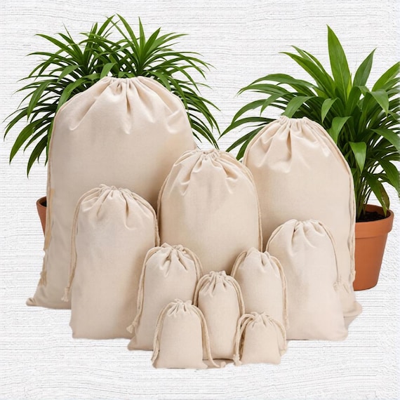 Organic Cotton Muslin Bags: Double Drawstring Favor Bags - Select Sizes and Quantities