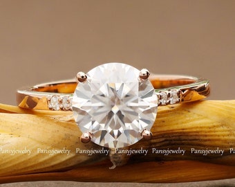 Antique Round Moissanite Engagement Ring, 2.5ct Round Cut Solitaire Ring, 10k/14k/18k Rose Gold Bridal Wedding Ring, Unique 4 Prong Set Ring