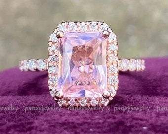 3.79 Ct Radiant Cut Morganite Engagement Ring, 14K Rose Gold Wedding Ring, Halo Gemstone Ring Bridal Wedding Ring, Promise valentine Gift