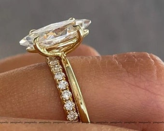 Conjunto de anillos de boda nupciales de Moissanite marquesa / Banda de moissanita de eternidad completa a juego / Anillo de oro de 14K con halo oculto / Conjunto de aniversario de marquesa