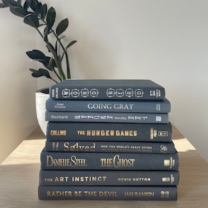 Grijze boekenstapel, decoratieve boeken, boekensets met een thema, rekwisieten, modern interieur, grijze boeken,