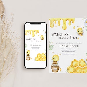 May include: A baby shower invitation with a yellow and white color scheme. The invitation features a cartoon bee with a honeycomb and the text "Sweet as can bee". The invitation also includes the name "Naomi Grace" and the date and time of the baby shower.