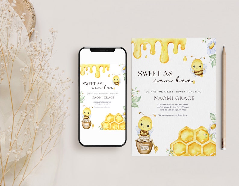 May include: A baby shower invitation with a yellow and white color scheme. The invitation features a cartoon bee with a honeycomb and the text "Sweet as can bee". The invitation also includes the name "Naomi Grace" and the date and time of the baby shower.