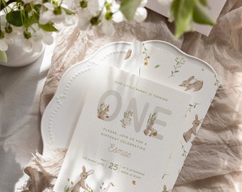 Our Little Bunny is turning one, two, or three birthday party invitation. Editable digital template, INSTANT DOWNLOAD, e-vite.