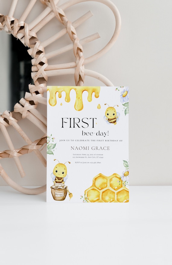 First bee-day party, bee birthday day party, first birthday invitation, Editable digital template, INSTANT DOWNLOAD, digital invite,