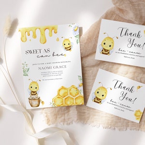 May include: A set of printable baby shower invitations and thank you cards featuring a cute cartoon bee with honeycombs and the text "Sweet as can bee" and "Thank You! bee-cause".