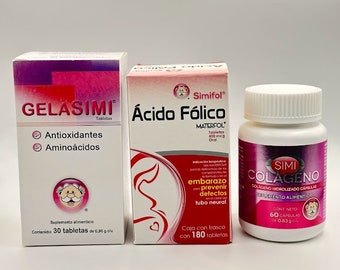 3 Pack GELASIMI Antioxidante y Aminoácidos + Simi Colageno Oral + Acido Folico   Envio Gratis  Free Shipping