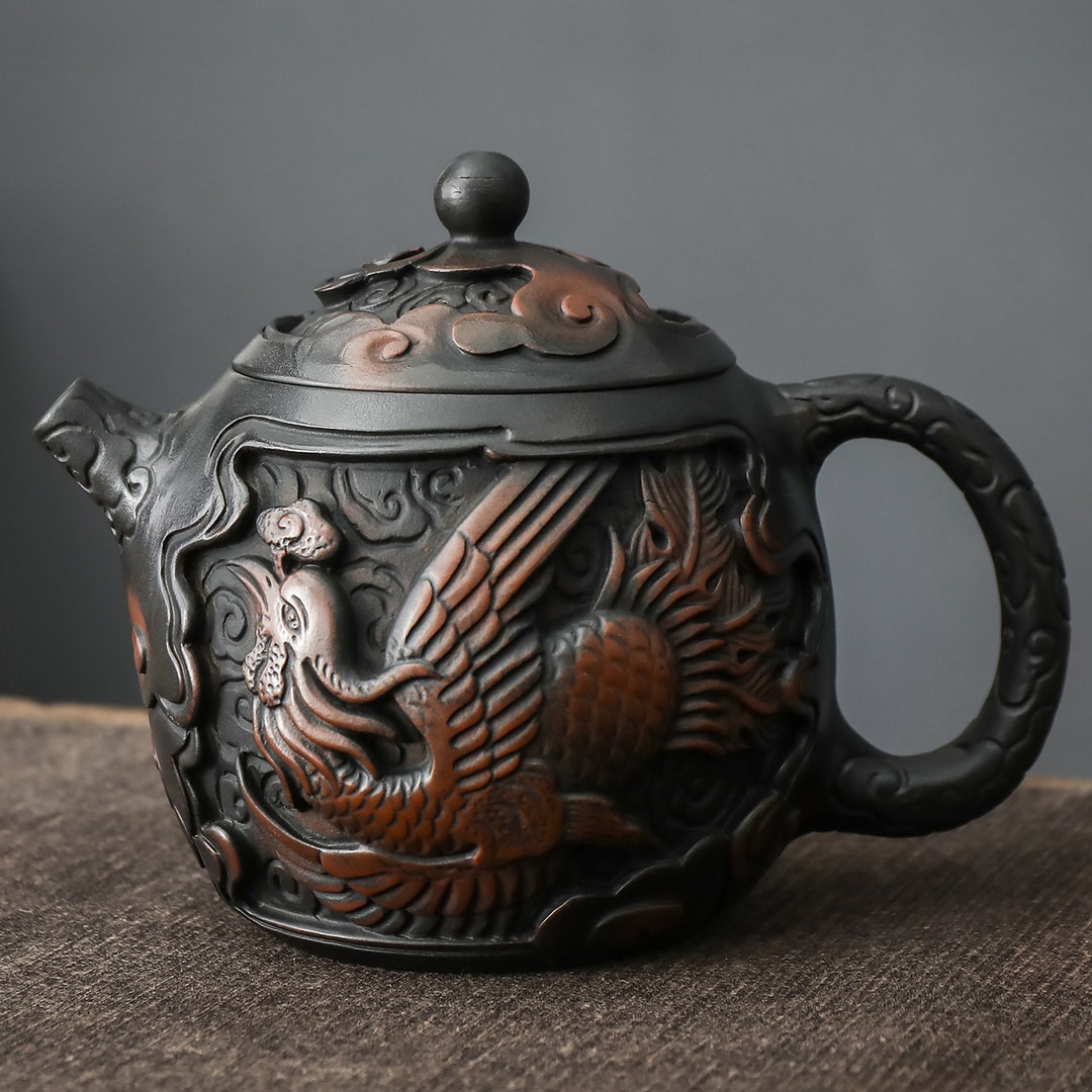 Carved Dragon and Phoenix Teapot,ceramic Teapot,japanese Pottery Teapot
