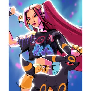 Może przedstawiać: Cyfrowa ilustracja postaci z długimi rudymi włosami, ubranej w czarny top z kwiatowym wzorem i żółtą spódnicę. Czarna istota ze złotymi akcentami na pierwszym planie. Tło jest niebieskie z różowymi akcentami.