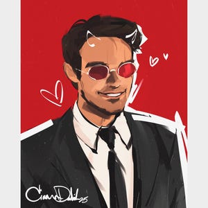 Op de afbeelding: Digitale illustratie van een man in een zwart pak, wit overhemd en zwarte stropdas, met een rood getinte bril. De achtergrond is rood, met witte hartkrabbels. De handtekening van de kunstenaar staat linksonder.