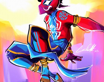 Peut inclure: Une illustration numérique d'un super-héros portant un costume rouge et bleu avec un masque bleu. Le super-héros est en plein vol, une jambe pliée et l'autre tendue. Le super-héros a un symbole d'araignée sur la poitrine et un motif géométrique sur le bras.